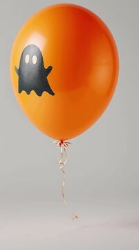 An orange balloon with a simple black flat icon of a silhouette of Halloween ghost printed on it, isolated on a white background