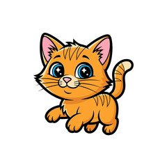 Fototapeta premium Cartoon illustration of a cute, orange tabby kitten with big blue eyes and a happy expression.