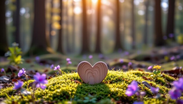 create a captivating image that captures the essence of a forest burial grave in the woods, the subject should be a wooden heart on moss, symbolizing love and nature