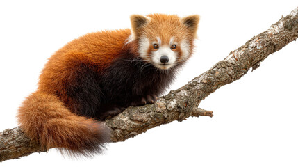 Red Panda in the Forest: A red panda perched on a tree branch in a forest, isolated on a Transparent background, PNG file.