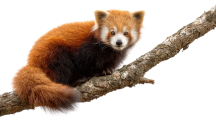 Red Panda in the Forest: A red panda perched on a tree branch in a forest, isolated on a Transparent background, PNG file.