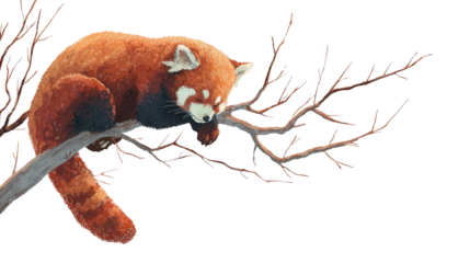 Red Panda in Trees: A flat lay of a red panda hanging out in the trees, isolated on a Transparent background, PNG file.