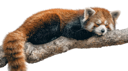 Red Panda in Trees: A flat lay of a red panda hanging out in the trees, isolated on a Transparent background, PNG file.