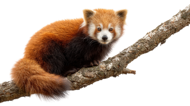 Red Panda in the Forest: A red panda perched on a tree branch in a forest, isolated on a Transparent background, PNG file.