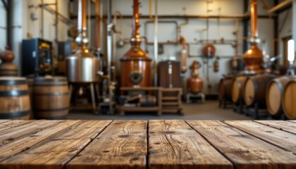 create a photograph of a wooden table in a distillery setting, the table is made with visible wood grain and should be prominently featured on the left side of the image