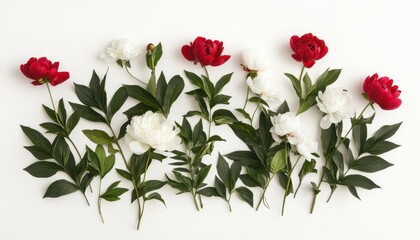 Elegant Red and White Peonies Floral Arrangement: Stunning Flat Lay Stock Photo