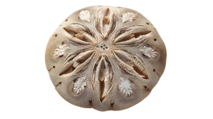 Sand Dollar on the Beach: A sand dollar resting on the beach with intricate patterns, isolated on a Transparent background, PNG file.