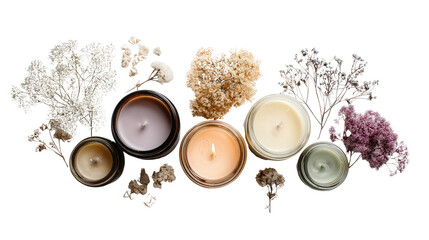 Scented Candle Jars: A flat lay of scented candle jars with delicate fragrances, isolated on a Transparent background, PNG file.