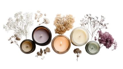 Scented Candle Jars: A flat lay of scented candle jars with delicate fragrances, isolated on a Transparent background, PNG file.