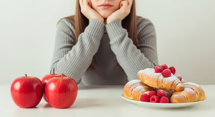 Diet decision dilemma woman choosing healthy apples or sugary croissants with raspberries temptation
