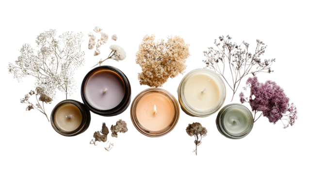 Scented Candle Jars: A flat lay of scented candle jars with delicate fragrances, isolated on a Transparent background, PNG file.