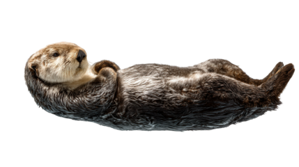 Sea Otter Floating: A sea otter floating on its back in calm waters, isolated on a Transparent background, PNG file.