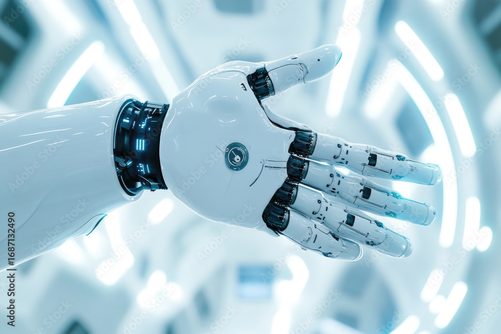 Poster futuristic robotic hand with advanced technology in high-tech environment
