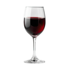 Clear glass wine goblet filled with dark red wine