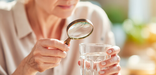 Senior woman examining water in glass with magnifying glass, concept of water purity, elderly health awareness, clean drinking water and careful inspection.