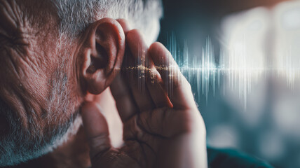 Senior man experiencing hearing loss, touching ear with soundwave visualization, concept of hearing aid, hearing impairment, auditory health and aging.