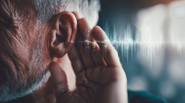Senior man experiencing hearing loss, touching ear with soundwave visualization, concept of hearing aid, hearing impairment, auditory health and aging.