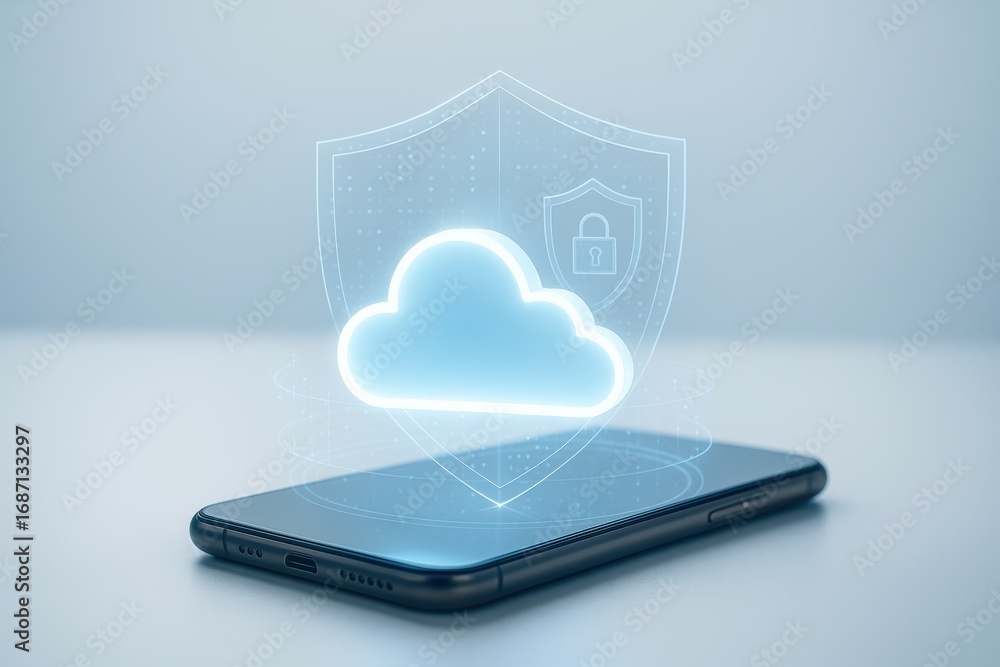 Poster secure cloud on mobile: an eye-level view of a smartphone seamlessly integrates a digital cloud icon