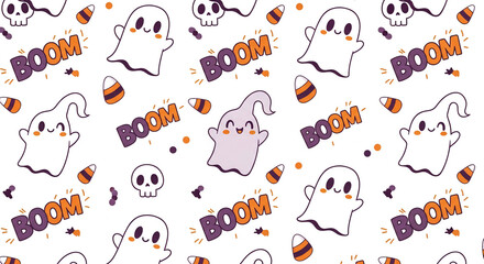 Cute cartoon ghosts, candy corn, skulls and "boom" text on white background, creating a playful Halloween pattern perfect for festive designs