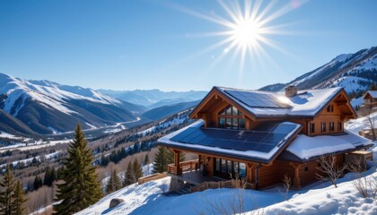 modern solar panels on luxury mountain chalet in aspen, colorado create a visually striking image featuring a luxurious mountain chalet in aspen, colorado
