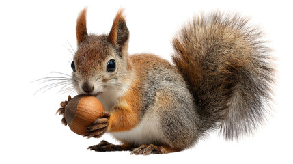 Obraz premium Squirrel with Acorn: A flat lay of a squirrel holding an acorn, isolated on a Transparent background, PNG file.