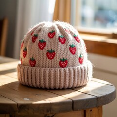 Beige wool knit beanie decorated with embroidered red strawberries and green leaves placed on rustic wooden table in bright sunlight near window