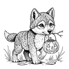 Obraz premium An adorable wolf pup joyfully celebrates Halloween, holding a jack-o'-lantern. This charming illustration captures the playful spirit of the season. vector illustration