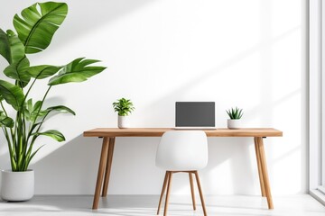 Minimalist home office with wooden desk and modern decor in bright natural lighting