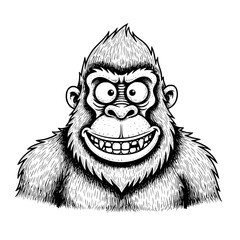 A bold, black and white cartoon illustration of a friendly gorilla, featuring expressive eyes and a toothy grin, captures the essence of charm and lightheartedness. vector illustration