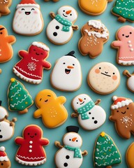Festive Cookie Collection: An overhead shot showcases a colorful array of charmingly decorated cookies, each one a delightful edible work of art, perfect for holiday cheer.Generative ai illustration.