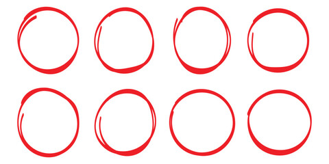 red pen hand drawn doodle marks, red circle and oval stroke set. Hand drawn circle highlighter line sketch set. 