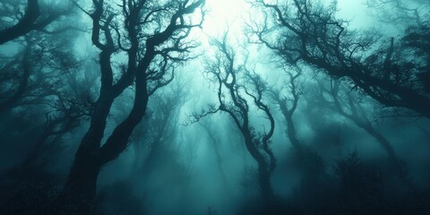 Obraz premium A misty forest with dark, twisted trees shrouded in fog, creating an eerie and mysterious atmosphere.