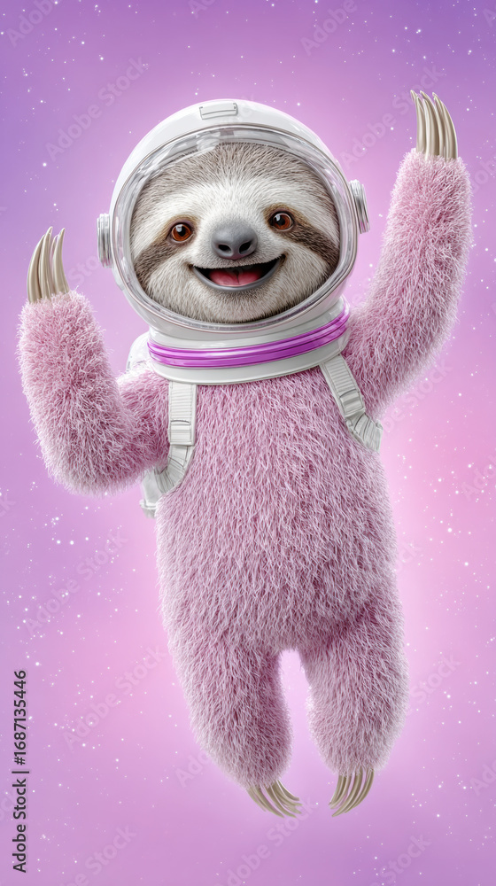 Poster astronaut sloth floating in space with a cheerful expression against a purple background.