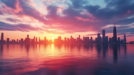 Fototapeta premium Colorful sunset sky above high rise buildings and sea high resolution picture