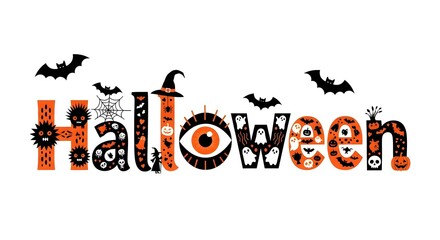 The word halloween written in a decorative, playful font with halloweenthemed elements like bats, ghosts, spiders, and a witchs hat, on a white background