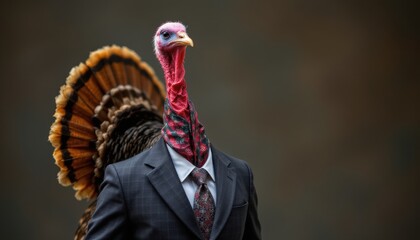 create a unique and eye catching portrait of a turkey dressed in a formal business suit, the turkey should be positioned at the bottom center of the image
