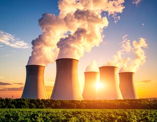 Nuclear power plant at sunset over a field (1)