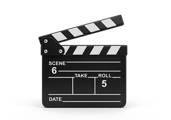 Black Movie Clapperboard with White Stripes Open on White Background film cinema