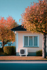 Heat pump in front of a family house
