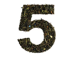 Number 5 formed from green tea leaves