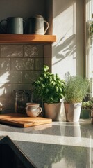 Sunny kitchen corner with herbs
