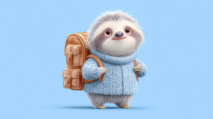 A cute, furry creature with a backpack stands against a blue background, ready for adventure.