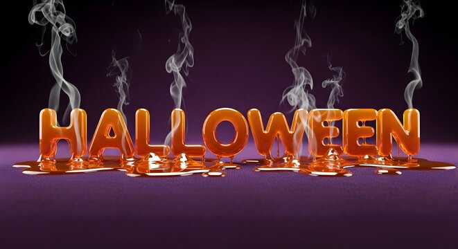 Three dimensional halloween text with a melting, dripping, gooey, orange candy or caramel effect, emitting smoke, on a purple background - Powered by Adobe