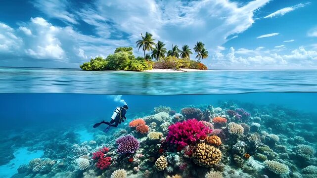 Aerial view of a coral reef with a diver in the foreground and a tropical island in the background. The scene is set against a clear blue sky with fluffy white clouds.