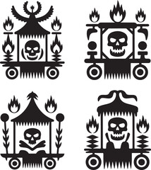 Ornate skull and flame cart motifs with wheels and decorative elements Keywords: skull, flame