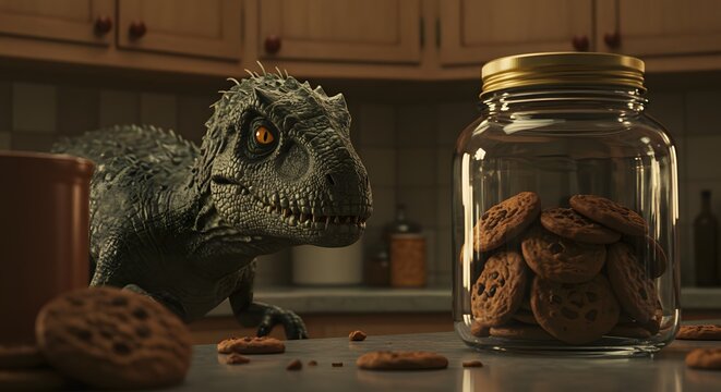 An Indominus Rex Reaching for a Jar of Chocolate Chip Cookies