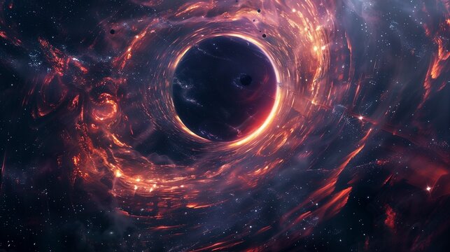 Massive black hole with glowing accretion disk, cosmic dust swirling, epic sci-fi scene.