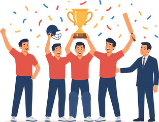 Cricket team celebrating victory with trophy and confetti