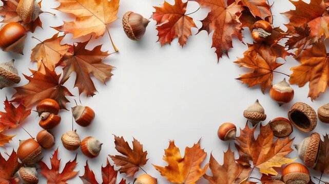 A circle of autumn leaves and acorns, perfect for fall decorations or nature-inspired designs