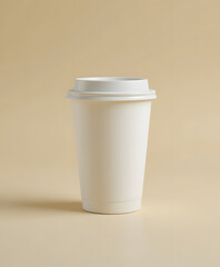 Blank white paper coffee cup mockup for takeaway on a beige background.